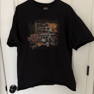 Harley-Davidson Black Tee with Brown and Orange Motorcycle Scene